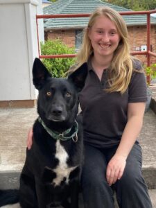 A blonde haired woman sitting on a step beside a black and white dog.